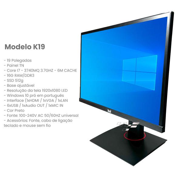 All In One Computador Completo 19pol Intel Core I7/16gb Pc I7 Ssd 512gb 16gb ram tela full hd wifi bluetooth c/web cam integrada - ITAL Imagem de All In One Computador Completo 19pol Intel Core I7/16gb Pc I7 Ssd 512gb 16gb ram tela full hd wifi bluetooth c/web cam integrada