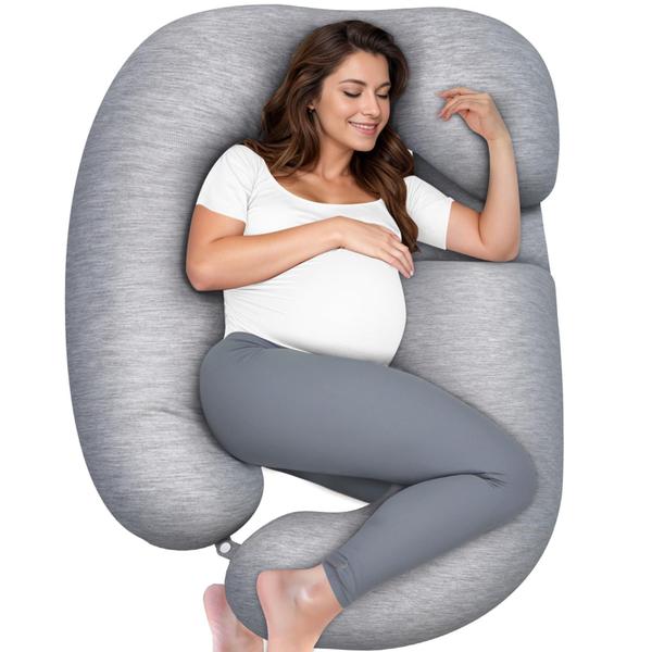 Imagem de Almofada de gravidez TranquilRelax em forma de J, corpo inteiro, 142 cm, cinza