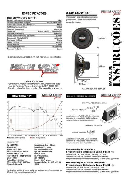 Imagem de Alto Falante Sub Woofer Tormento 15 Sbw 650wrms Bobina dupla 4+4 ou 2+2 Ohms