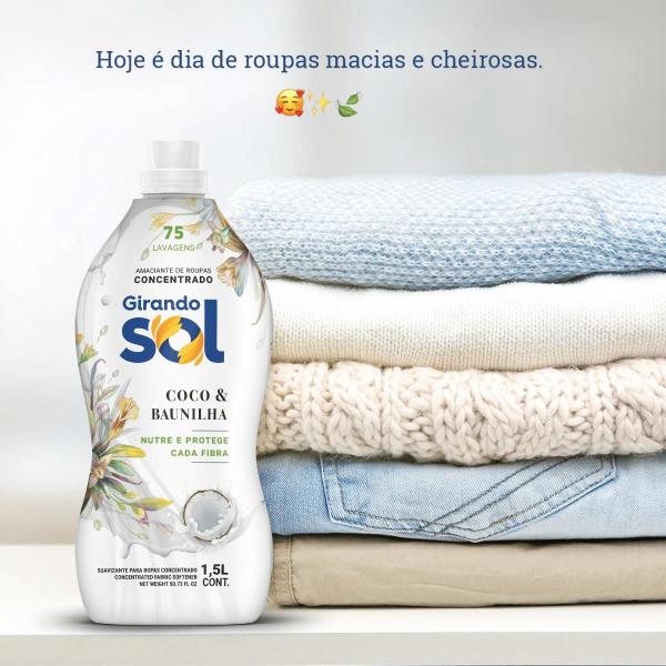 Imagem de Amaciante Concentrado Coco E Baunilha Girando Sol 1,5L, Amaciante De Roupas Concentrado, Branco, Nutre E Protege Cada Fi