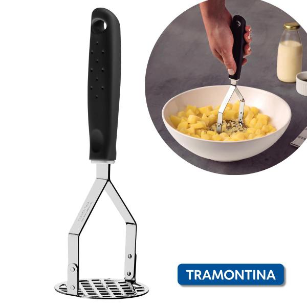 Imagem de Amassador Batatas Tramontina Espremedor Manual Legumes Multiuso Aço Inox Com Cabo Plastico