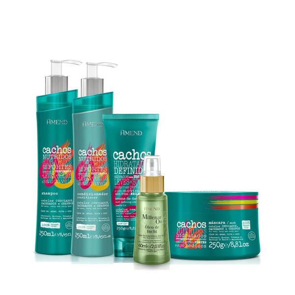 Imagem de Amend Cachos Sh 250ml + Cond 250ml + Masc 250ml + Leave-in Cacheado 250ml + Millenar Oil Inchi 60ml