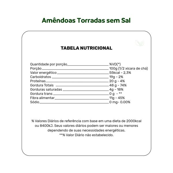 Imagem de Amêndoas 100% Pura Torradas Sem Sal Kit 3 Livre De Conservantes 100g