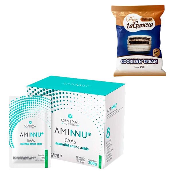 Aminnu 10g Com 30 Sachês - Central Nutrition + La Fajor Cookies ou Leitinho 50g - La Ganexa Imagem de Aminnu 10g Com 30 Sachês - Central Nutrition + La Fajor Cookies ou Leitinho 50g - La Ganexa