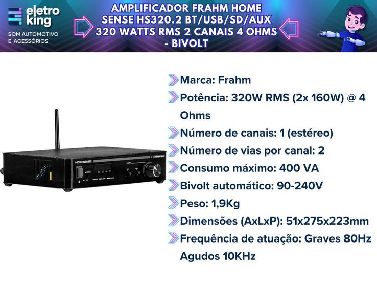 Imagem de Amplificador Home Sense 320.2 Dual Bt 320w Rms Frahm 04 Ohms