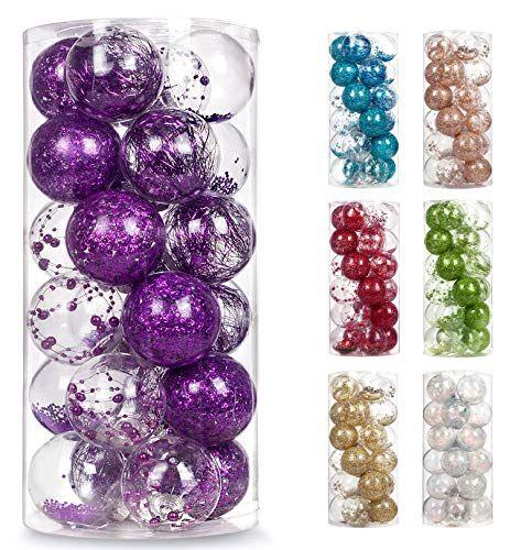 Imagem de AMS 2.76"/24ct Shatterproof Clear Plastic Christmas Ball Ornaments Decorative Xmas Baubles Set with Stuffed Delicate Decorações para Casamento, Ação de Graças,Festa (70mm Roxo)