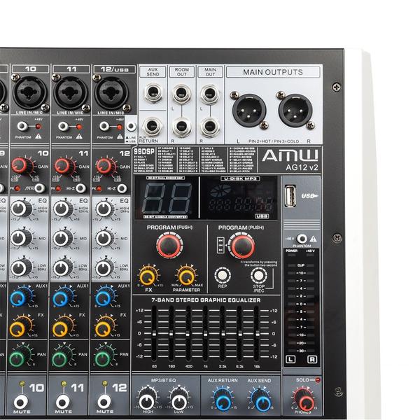 Imagem de AMW AG12 v2 Mesa de Som 12 Canais 99 Efeitos DSP BT Interface USB e Faders de 100mm