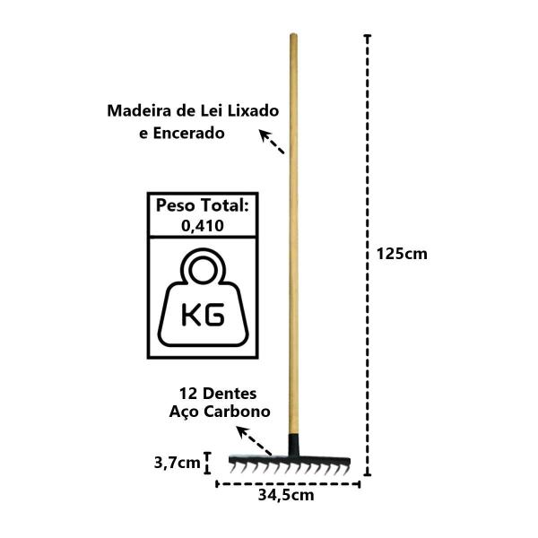 Imagem de Ancinho 12 Dentes Aço Carbono Cabo Madeira Pra Limpeza 125cm