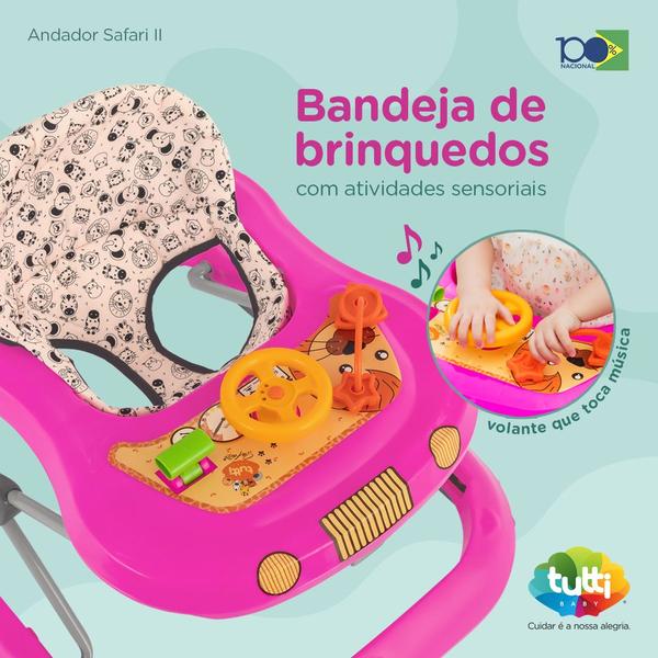 Imagem de Andador De Bebê Infantil Educativo Musical Carrinho De Passeio Com Freio Altura Ajustável Tutti Baby Safari Rosa