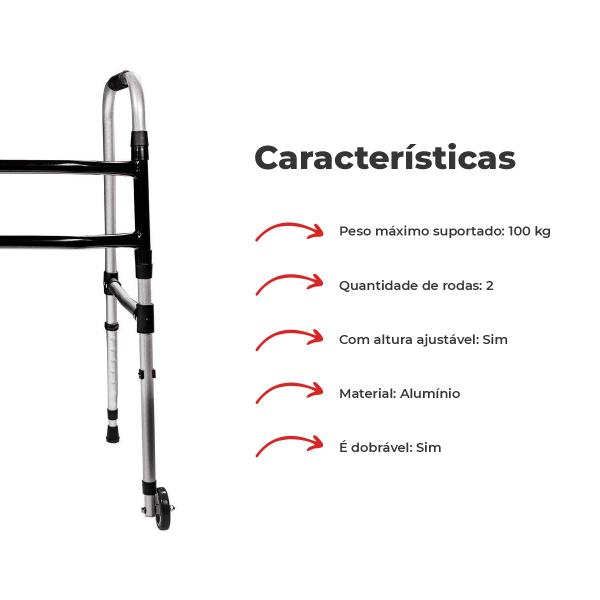 Imagem de Andador Fixo E Dobrável Alumínio 2 Barras Rodas Adulto 