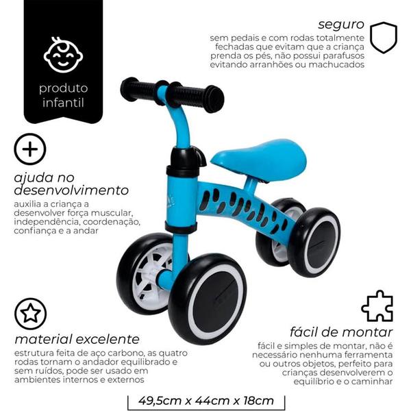 Imagem de Andador Sem Pedal Bebe Equilibrio 4 Rodas Bicicleta Azul - Zippy Toys