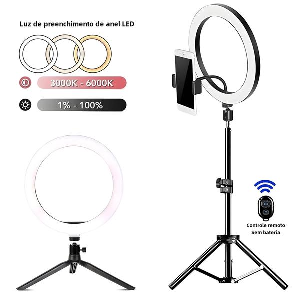 Anel de Luz LED para Selfie com Tripé e Suporte para Celular - Controle Remoto USB Imagem de Anel de Luz LED para Selfie com Tripé e Suporte para Celular - Controle Remoto USB