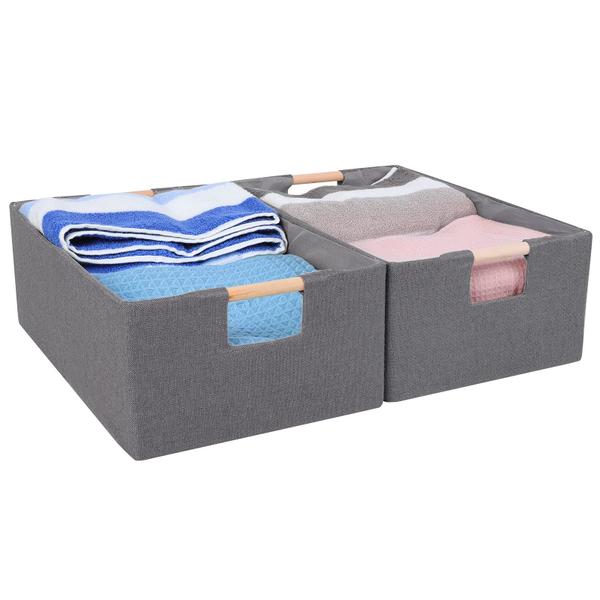 Imagem de ANMINY 2PCS Caixas de armazenamento conjunto grande dobrável algodão linho aberto caixa de cestos de armazenamento com alças de madeira berçário decorativo bebê criança roupas de brinquedo Toalha organizador de lavanderia recipiente de cor sólida 