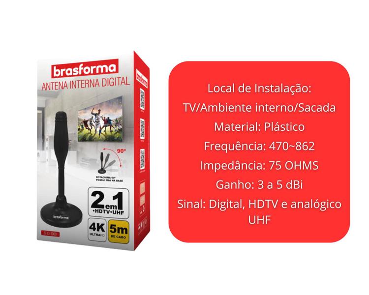 Imagem de Antena Interna Digital Brasforma 2 em 1 SHD-1000 - 5m de Cabo