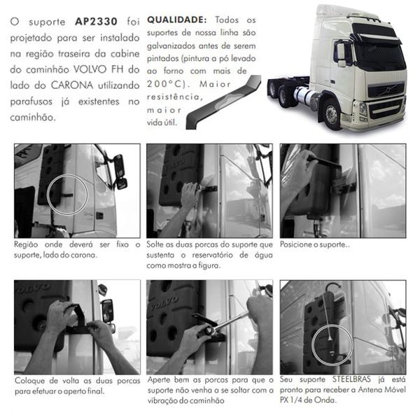 Imagem de Antena Móvel Px Inox 2,70 metros Suporte Traseiro Volvo Fh Kit Parafusos Anti Furto