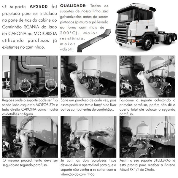 Imagem de Antena Móvel Px Inox Maria Mole 2,70 metros Alongador 60cm Cabo 5,5 metros Parafusos Anti Furto Suporte Traseiro Scania