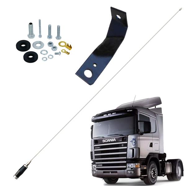 Imagem de Antena Móvel Px Inox Mini Maria Mole 1,40 metros Suporte Dianteiro Frontal Lado Motorista Scania 124 124r 420 360 Parafusos Anti-Furto