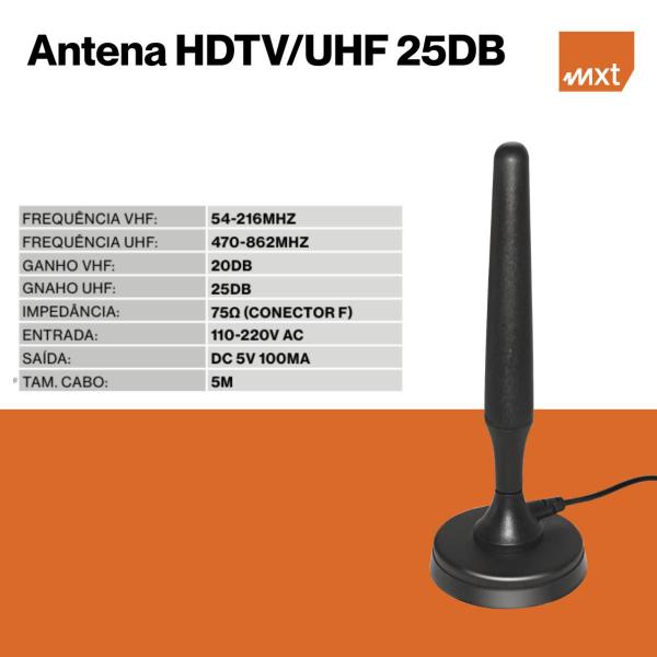 Antena Tv Amplificada 20db Mxt Mdtv 400b Digital Hd Uhf, interna