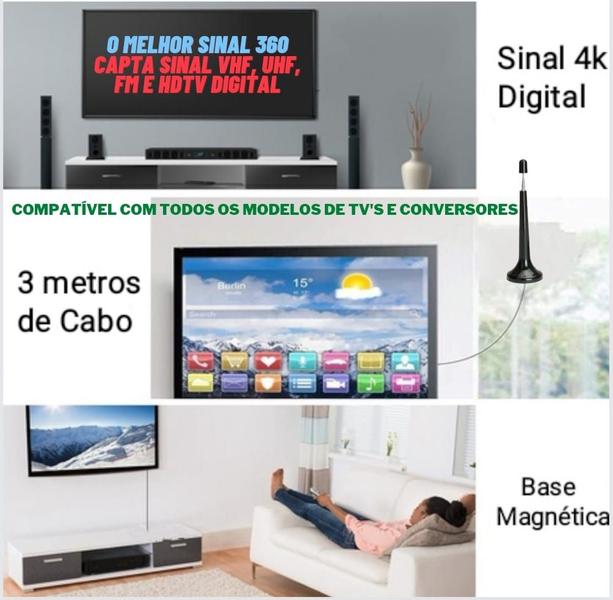 Imagem de Antena Tv Digital Amplificada Interna Externa Prova Agua Cabo 3m Uhf/ Vhf/ Full Hd 4k com Base magnética