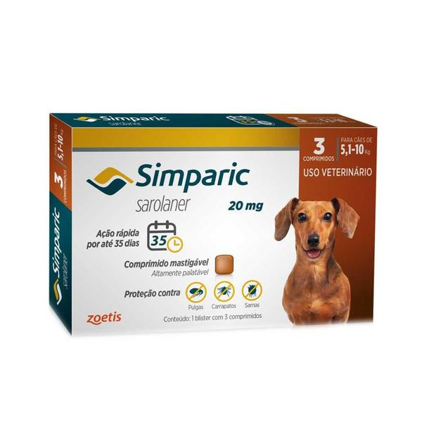 Imagem de Anti Pulgas Zoetis Simparic 20 Mg Para Cães 5,1 a 10 Kg