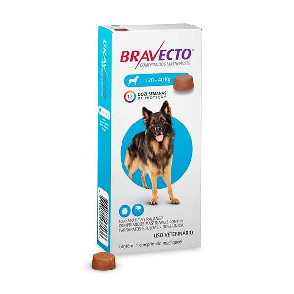 Imagem de Antipulgas Bravecto Cães 20 a 40 kg Comprimido Mastigável 1000 mg 1 comprimido