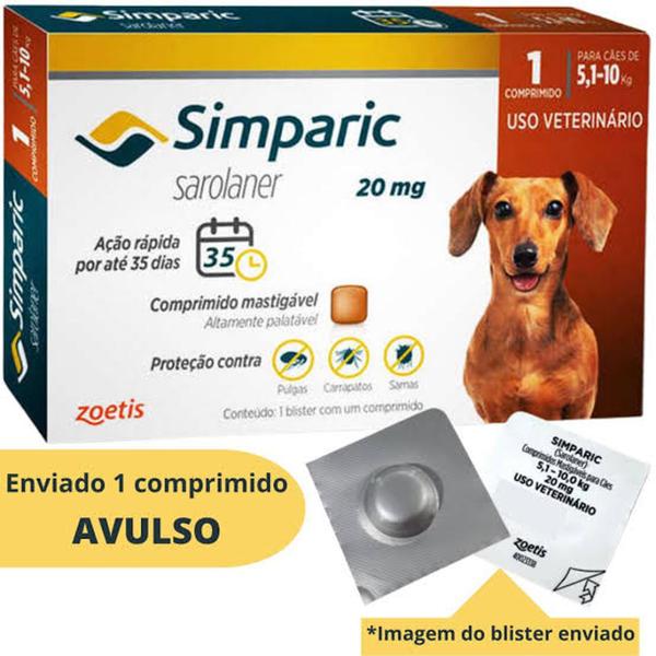 Imagem de Antipulgas Simparic 20 mg para cães 5,1 a 10 kg  1 comprimido Avulso- Zoetis