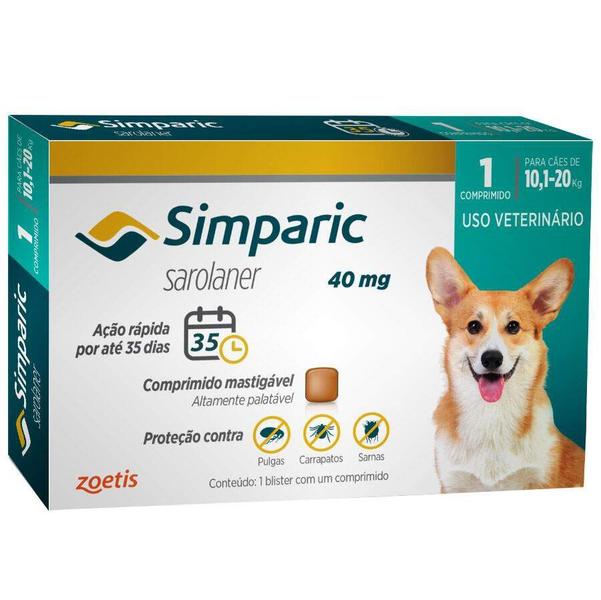 Imagem de Antipulgas Simparic 40 mg para cães 10,1 a 20 kg - Zoetis - 1 unidade