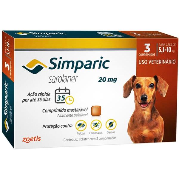 Imagem de Antipulgas Zoetis Simparic 20 mg para Cães 5,1 a 10 Kg - 3 Comprimidos