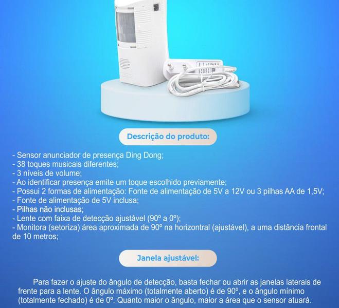 Imagem de Anunciador Campainha Sensor de Presença Ding Dong C/ Fonte e Pilhas