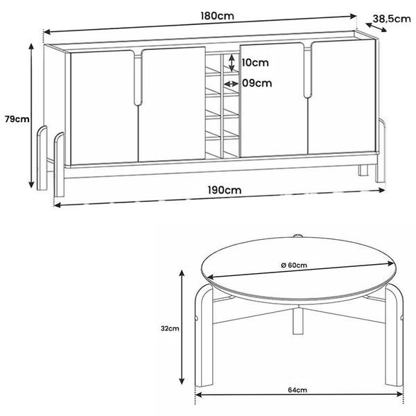 Imagem de Aparador 190 Com Mesa de Centro Lizz Pés de Madeira Maciça