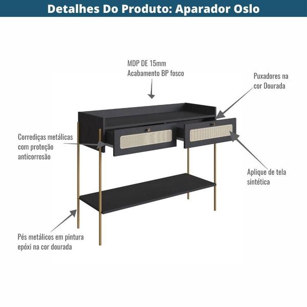 Imagem de Aparador 2 Gavetas Oslo Artesano 103 cm (largura) MDP Nero Palha Sintética Bege Pé Metal Dourado