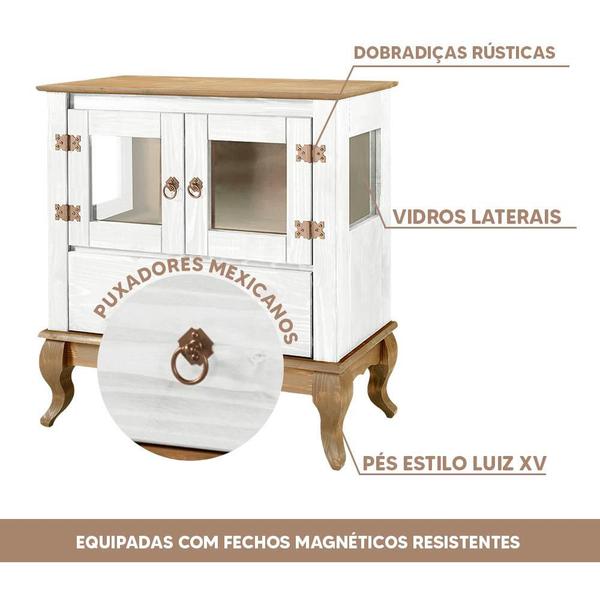 Imagem de Aparador 2 Portas Vidro Lateral Madeira Maciça Rústico Branco Garapa D120VL Shop JM