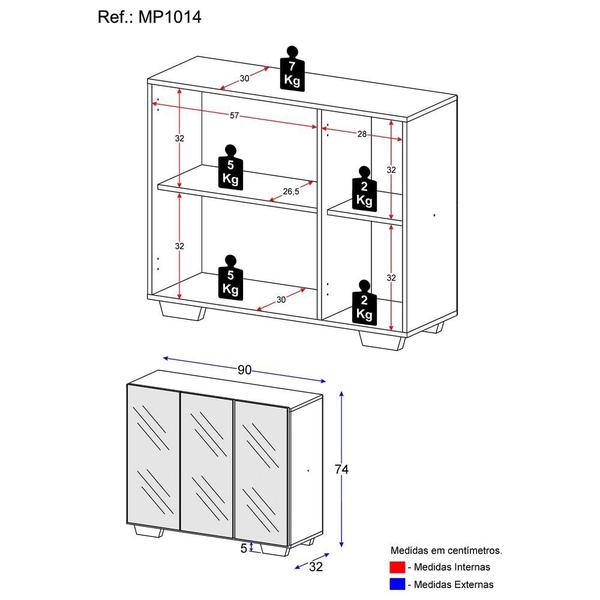 Imagem de Aparador Buffet 3 Portas com Espelho e Pés Quadrados Vegas Multimóveis MP1014 Branco/Preto