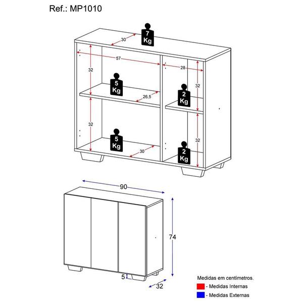 Imagem de Aparador Buffet 3 Portas com Pés Quadrados Veneza Multimóveis MP1010 Preto/Branco