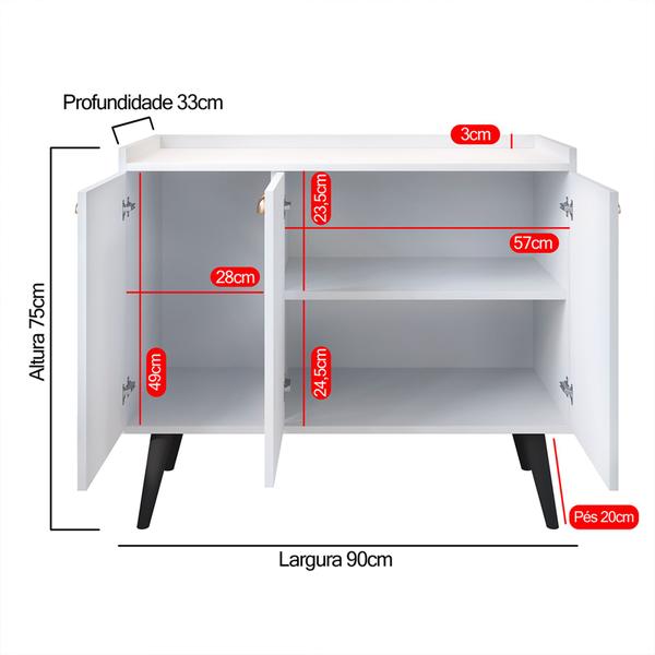 Imagem de Aparador Buffet 3 Portas Prateleira Interna Puxadores Concha Dourado Truzzi - Branco