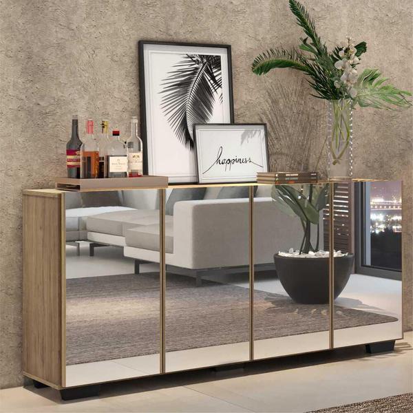 Aparador Buffet 4 portas c/ Espelho e Pés Quadrados Vegas Multimóveis Rustic/Preto Imagem de Aparador Buffet 4 portas c/ Espelho e Pés Quadrados Vegas Multimóveis Rustic/Preto