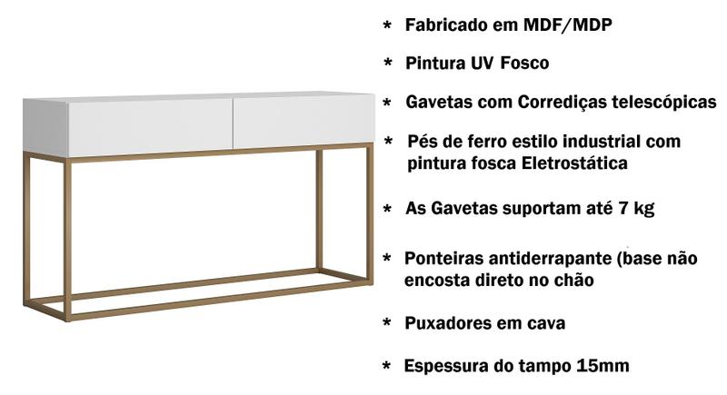 Imagem de Aparador Buffet Eros 1,10 mt Branco Acabamento Fosco Estilo Industrial 2 Gavetas Com Pés Ferro Dourado