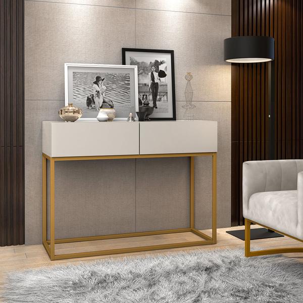 Aparador Buffet Estilo industrial 2 Gavetas Off White com Dourado - Casa Detalhe Imagem de Aparador Buffet Estilo industrial 2 Gavetas Off White com Dourado