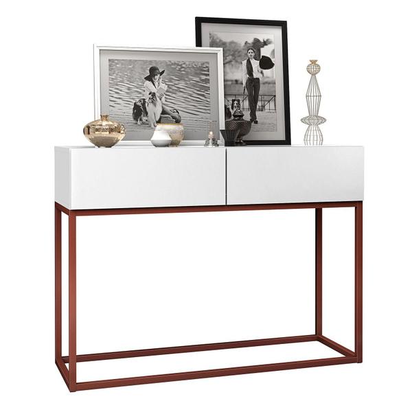 Imagem de Aparador Buffet Hall De Entrada Luxo Eros 02 Gavetas 90cm Branco Com Cobre