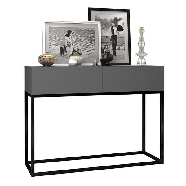 Imagem de Aparador Buffet Hall De Entrada Luxo Eros 02 Gavetas 90cm Cinza Com Preto