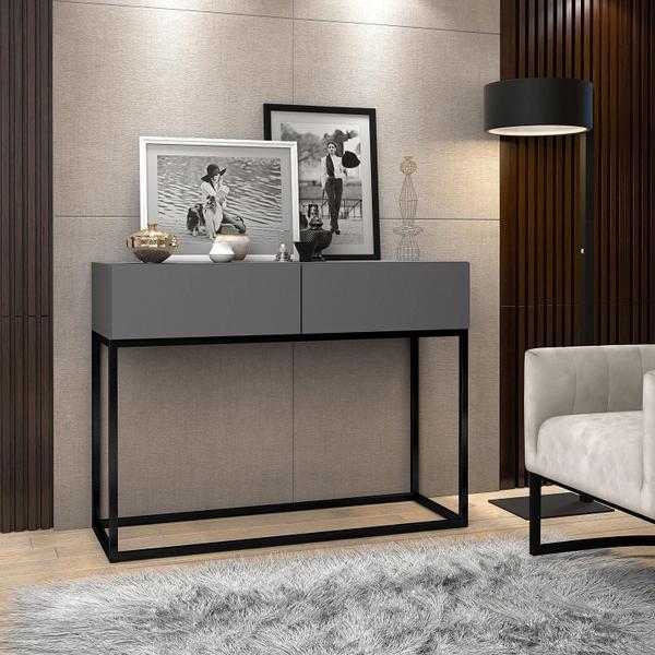 Imagem de Aparador Buffet Hall De Entrada Luxo Eros 02 Gavetas 90cm Cinza Com Preto