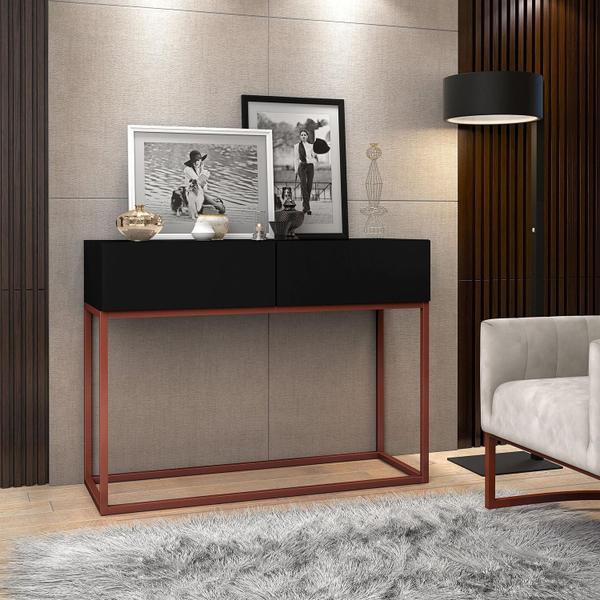 Imagem de Aparador Buffet Hall De Entrada Luxo Eros 02 Gavetas 90cm Preto Com Cobre