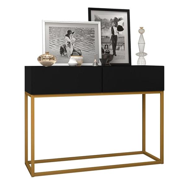 Imagem de Aparador Buffet Hall De Entrada Luxo Eros 02 Gavetas 90cm Preto Com Dourado