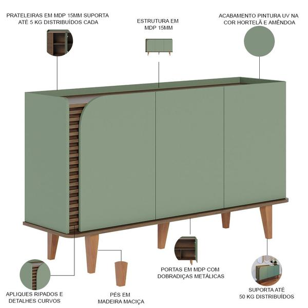 Aparador Buffet Para Sala de Jantar 3 Portas Elora C04 Hortelã Amêndoa - Lyam Decor Imagem de Aparador Buffet Para Sala de Jantar 3 Portas Elora C04 Hortelã Amêndoa - Lyam Decor