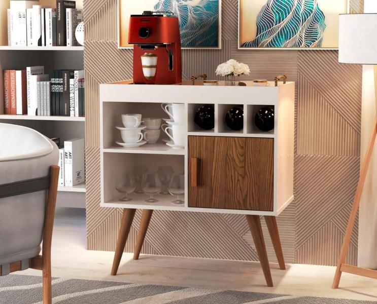 Aparador Buffet Paris Pés Palito Retrô Branco/Marrom Freijó - Comprar Móveis Em Casa Imagem de Aparador Buffet Paris Pés Palito Retrô Branco/Marrom Freijó