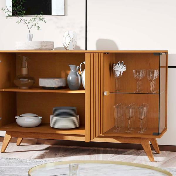 Aparador Buffet Ripado Porta De Vidro 135 cm Nature Daryl Shop Jm - JB BECHARA Imagem de Aparador Buffet Ripado Porta De Vidro 135 cm Nature Daryl Shop Jm