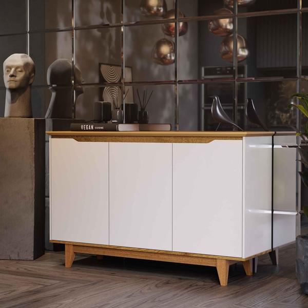 Aparador Buffet Sala Flow 3 Portas com Pés de Madeira OffWhite com Freijó- Rede Móveis Imagem de Aparador Buffet Sala Flow 3 Portas com Pés de Madeira OffWhite com Freijó- Rede Móveis