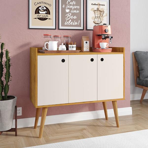 Imagem de Aparador Buffet Wood Prime 3 Portas Cantinho Café Prateleira Organizadora Pés Palito Decoração Retrô - NatureOff White - RPM Móveis