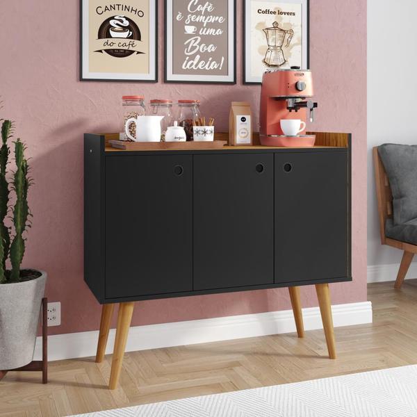 Imagem de Aparador Buffet Wood Prime 3 Portas Cantinho Café Prateleira Organizadora Pés Palito Decoração Retrô - PretoNature - RPM Móveis