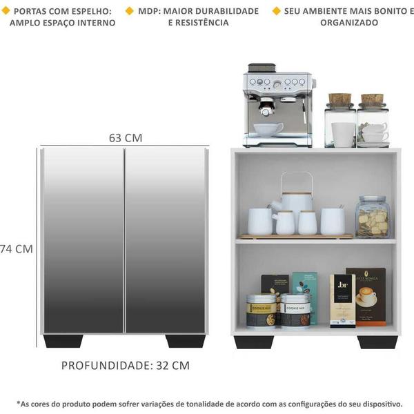 Imagem de Aparador Cantinho do Café com Espelho e Pés Quadrados 2 Portas Multimóveis Branco/Preto